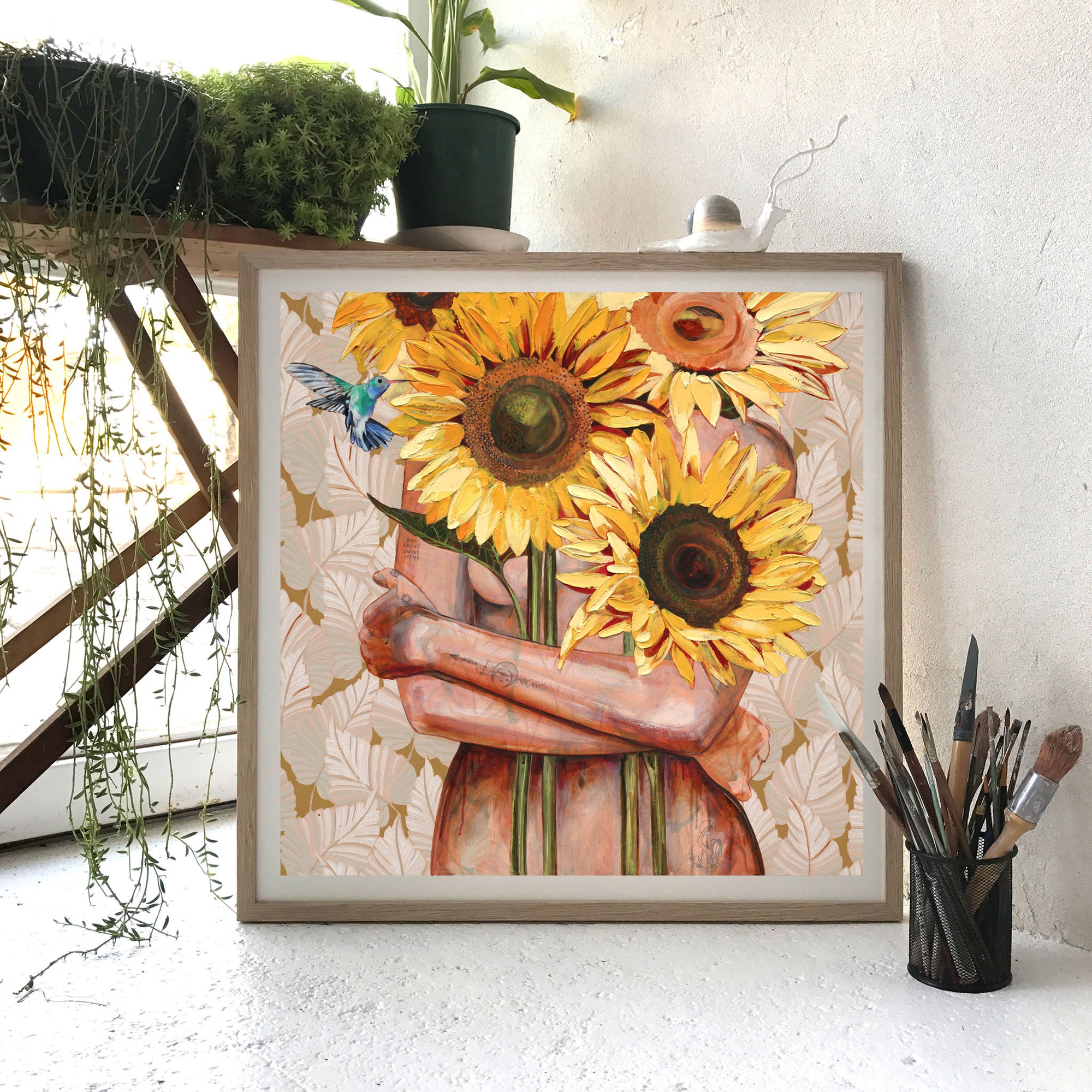 jessica-watts-fine-art-print-flower-sunflowers-hummingbird